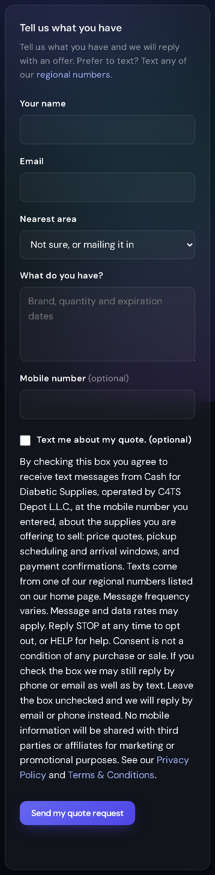 Screenshot of our live quote form at www.c4tsdepot.com/contact, captured September 20, 2026, before anything was entered: an optional mobile-number field, a separate checkbox that starts unchecked, labelled Text me about my quote (optional), and beside it the text-message consent wording with the disclosures and links to our Privacy Policy and Terms