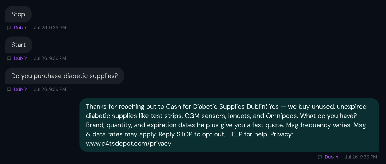 SMS conversation on the Dublin line showing a contact texting STOP to opt out, later texting START to restore messages, and then continuing the conversation